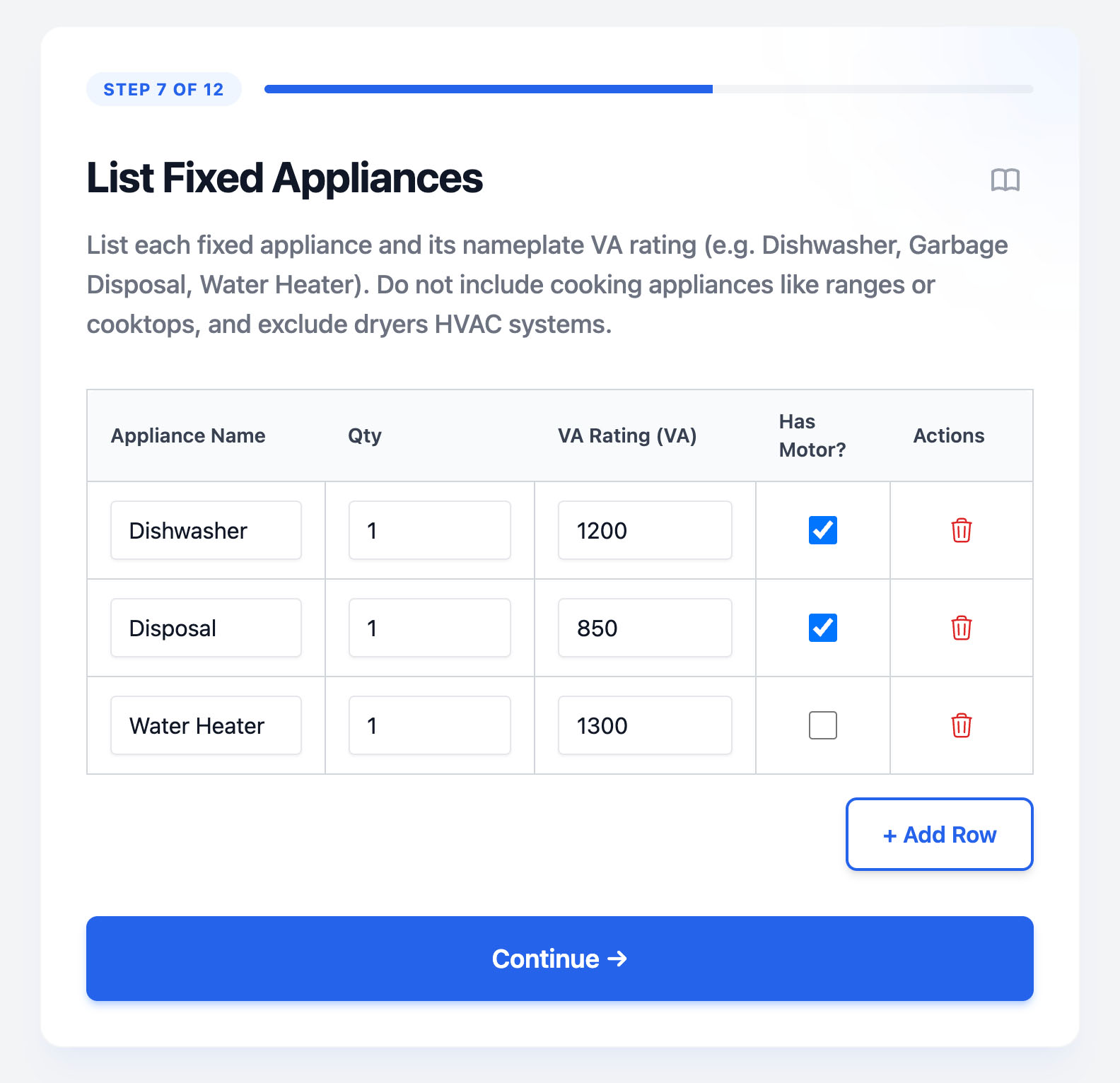 Appliance Input Table