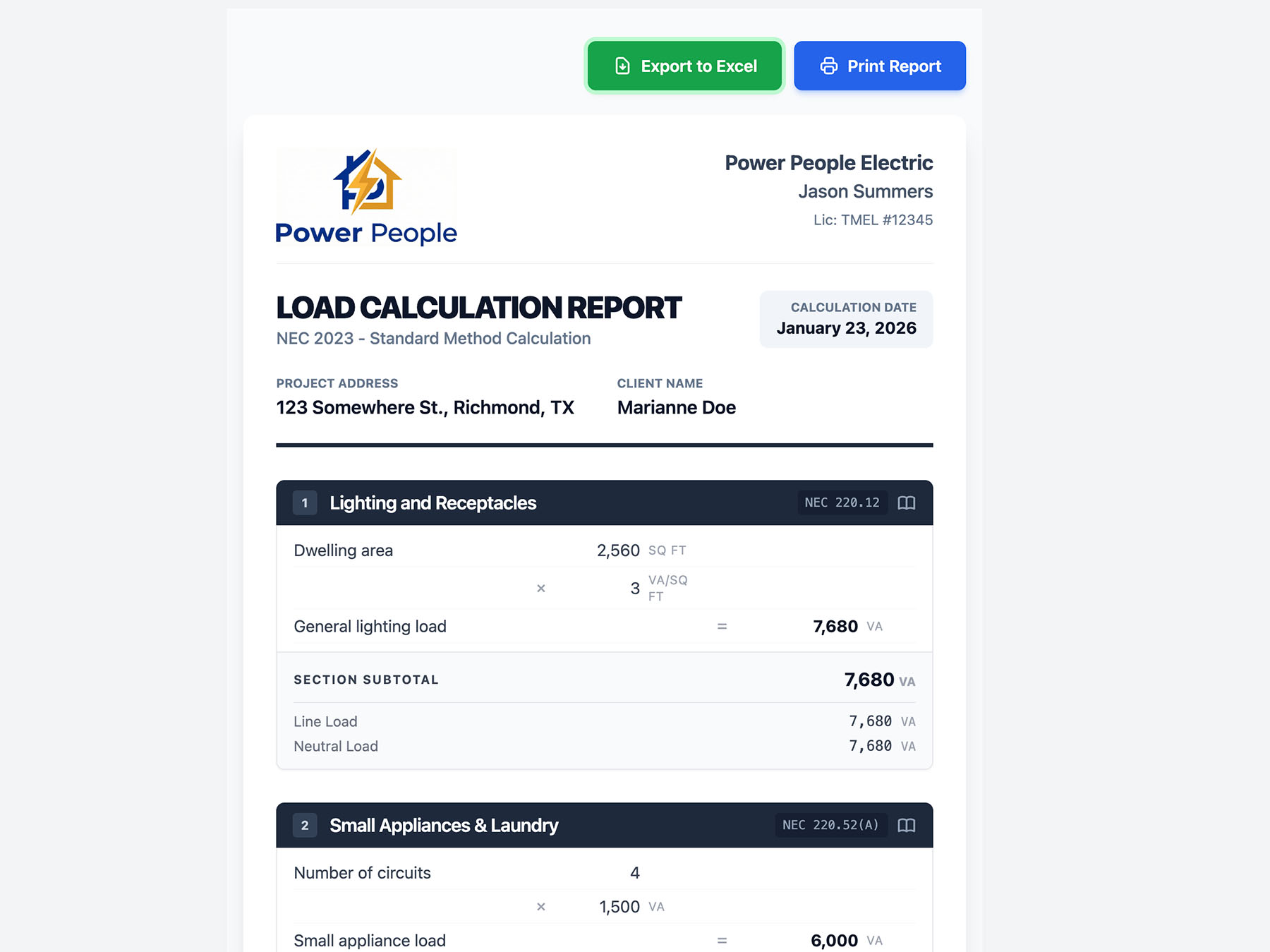 Pro Electrical Calcs Result Preview